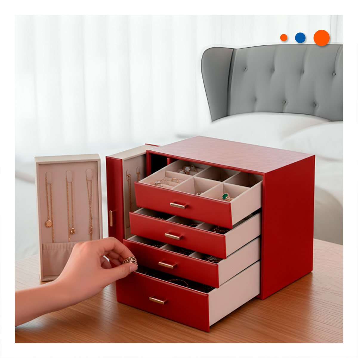 PACK2 JOYERO FUNCIONAL 4 NIVELES HORIZ Y 2 VERT ROJO PARA ORGANIZAR ACCESORIOS Y+REGALO STICKER - 3