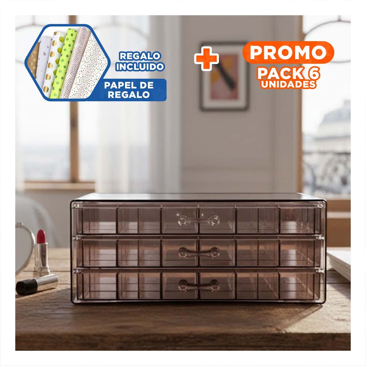 PACK6 ORGANIZADOR DE MESA ACRILICO 3 NIVELES 72 DIVISIONES MARRON TRANSPARENTE Y+PAPEL REGALO - 1