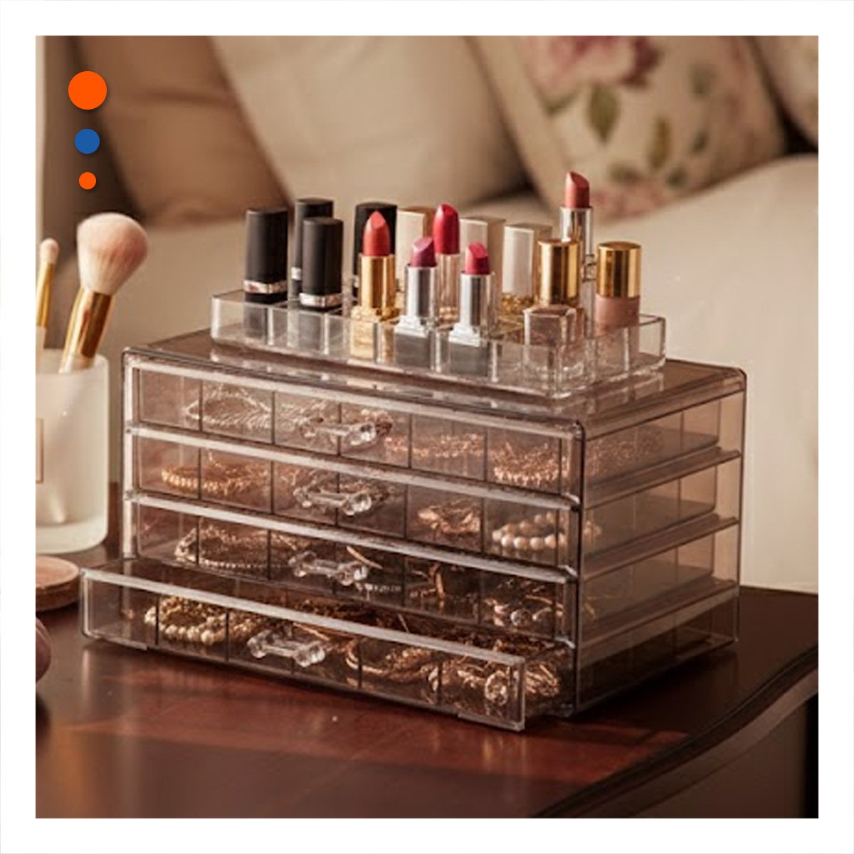 ORGANIZADOR PARA MAQUILLAJE DE ACRILICO 3 NIVELES 72 DIVISIONES MARRON TRANSPARENTE - 1