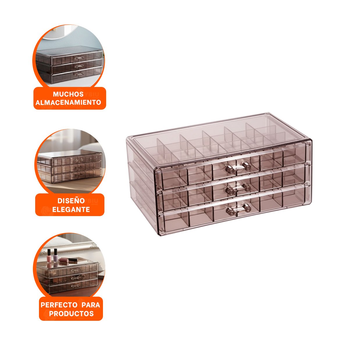 ORGANIZADOR PARA MAQUILLAJE DE ACRILICO 3 NIVELES 72 DIVISIONES MARRON TRANSPARENTE - 3