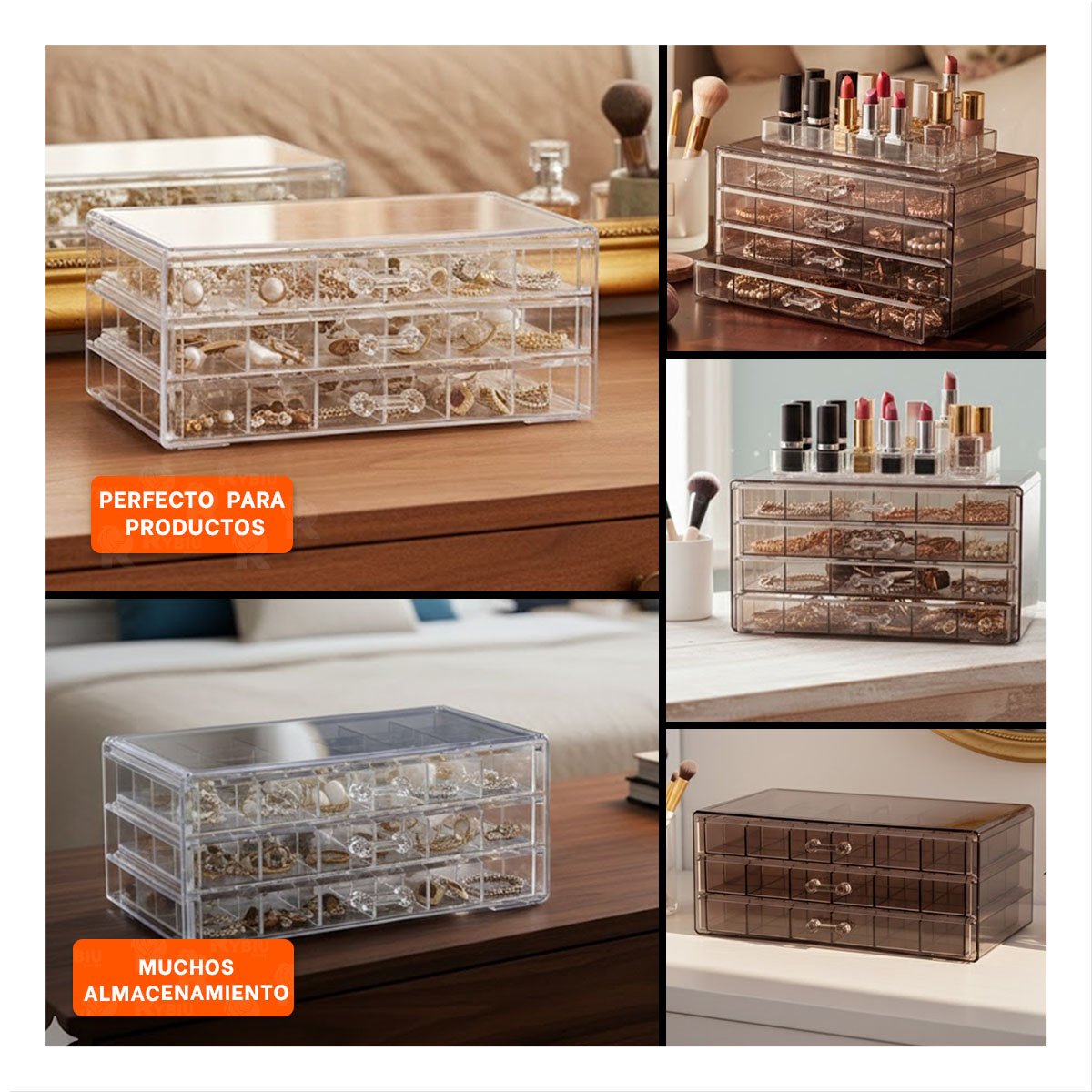 ORGANIZADOR PARA MAQUILLAJE DE ACRILICO 3 NIVELES 72 DIVISIONES MARRON TRANSPARENTE - 5