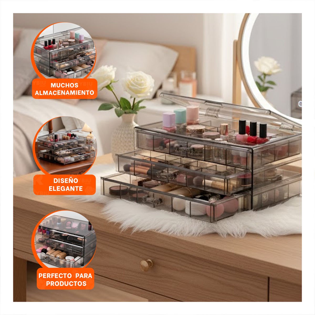 PACK6 CAJA ACRILICA CON 3 NIVELES 72 DIVISIONES NEGRO TRANSPARENTE Y+REGALO STICKER - 3