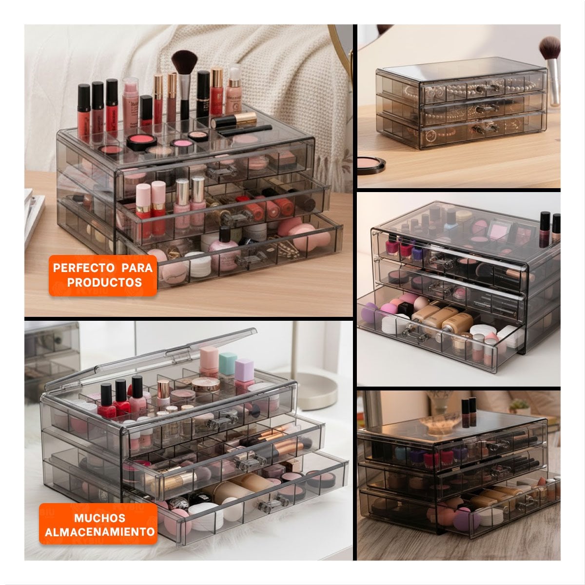 ORGANIZADOR MULTIUSO DE ACRILICO 3 NIVELES 72 DIVISIONES NEGRO TRANSPARENTE Y+POST IT - 5