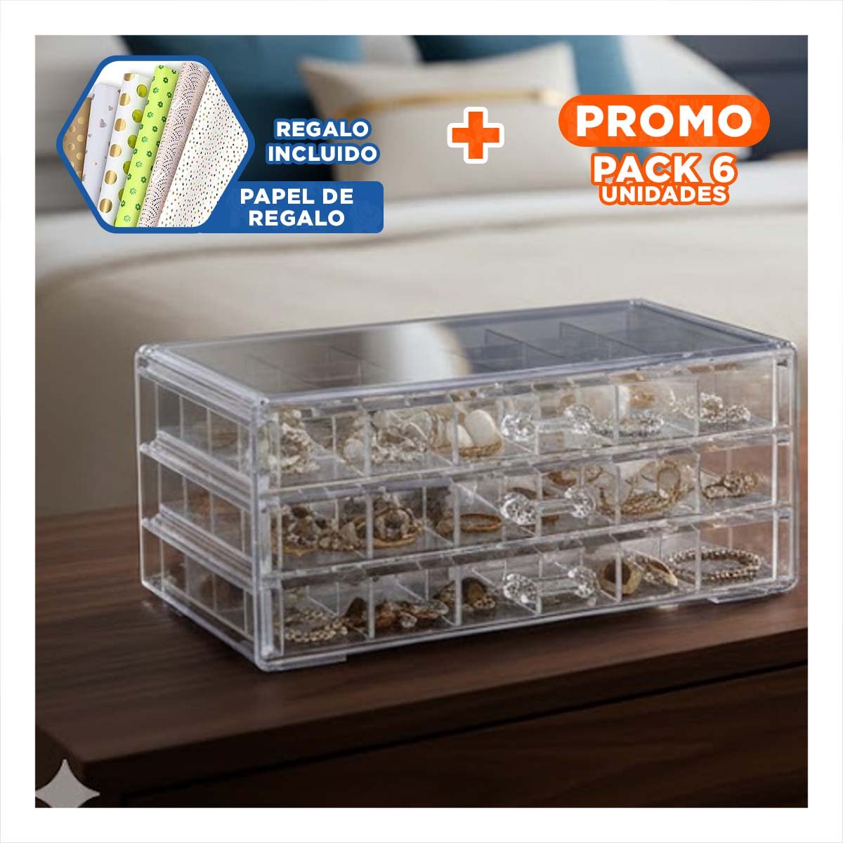 PACK6 ORGANIZADOR DE MESA ACRILICO 3 NIVELES 72 DIVISIONES TRANSPARENTE Y+PAPEL REGALO - 1