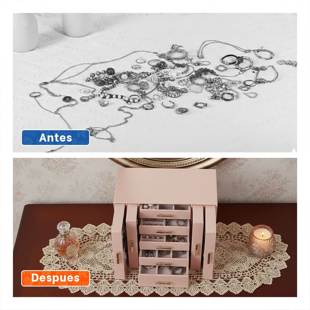 PACK2 JOYERO ROSADO CON ESTRUCTURA RESISTENTE Y ORGANIZACION INTELIGENTE Y+PAPEL REGALO - 3