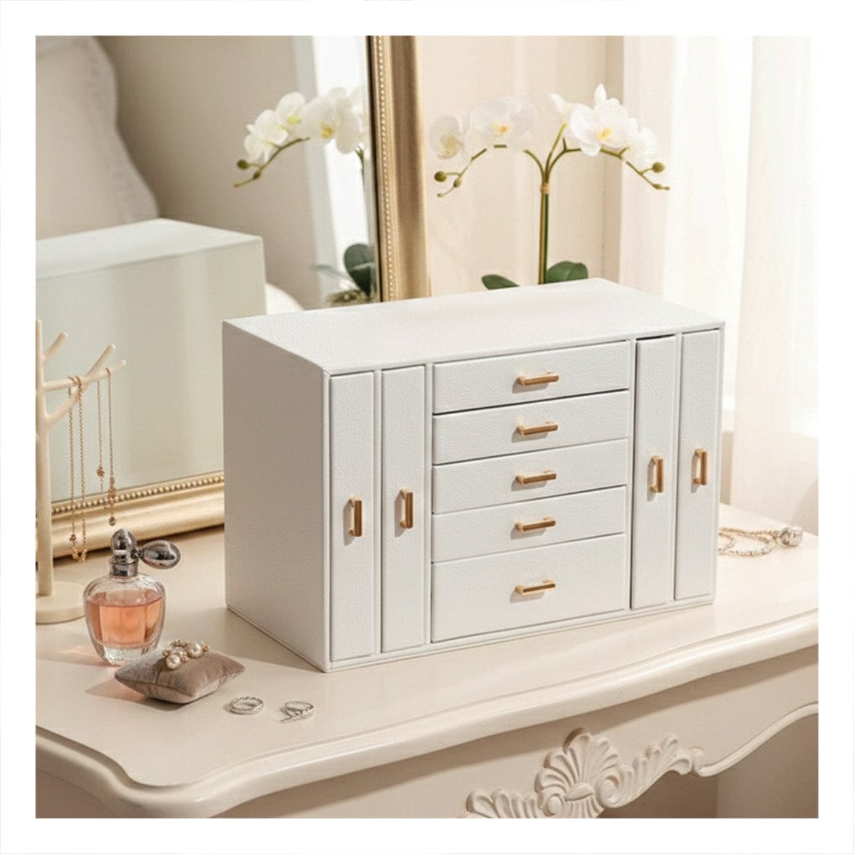 ESTUCHE ORGANIZADOR DE JOYAS BLANCO CON CAJONES Y PUERTAS FUNCIONALES Y+POST IT - 3