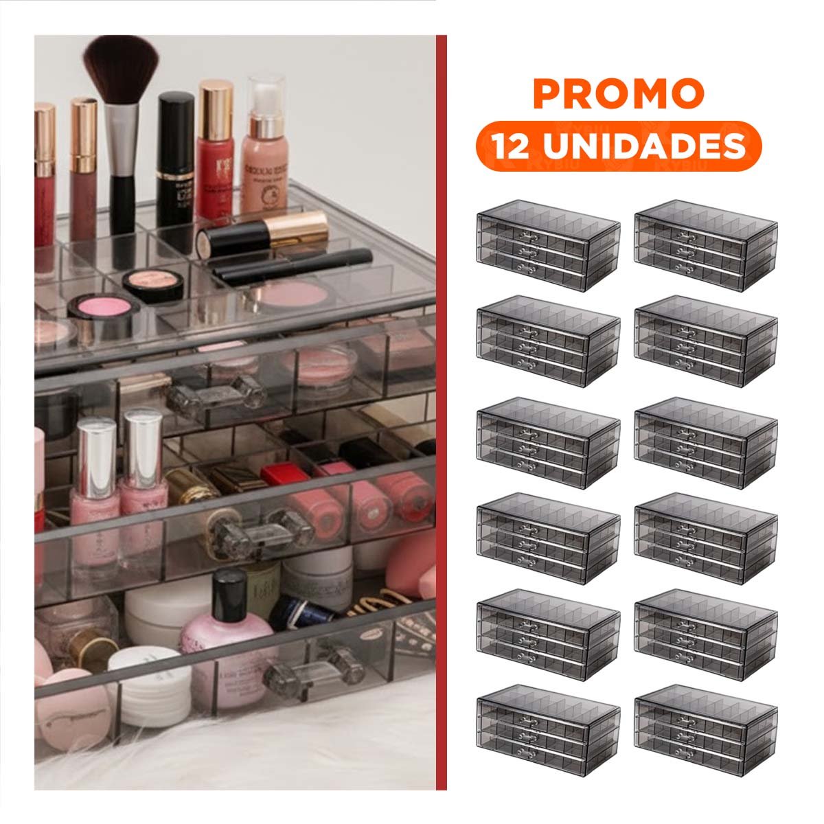 PACK12 CONTENEDOR ACRILICO CON 3 NIVELES 72 DIVISIONES NEGRO TRANSPARENTE Y+REGALO STICKER - 1