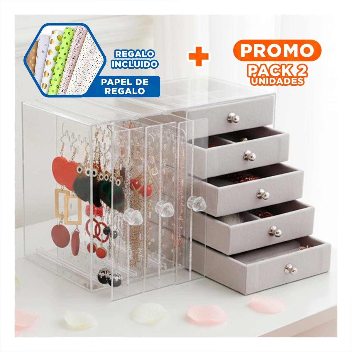 PACK2 JOYERO 5 CAJONES Y 3 PUERTAS EN TERCIOPELO PLOMO PARA HOGAR Y+PAPEL REGALO - 1