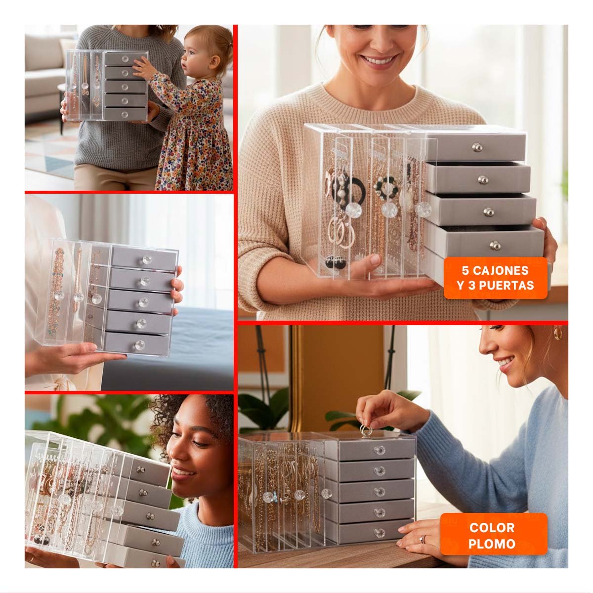 PACK2 JOYERO 5 CAJONES Y 3 PUERTAS EN TERCIOPELO PLOMO PARA HOGAR Y+PAPEL REGALO - 3
