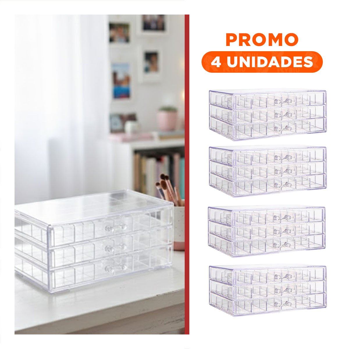PACK4 CONTENEDOR ORGANIZADOR ACRILICO 3 NIVELES 72 DIVISIONES TRANSPARENTE Y+REGALO STICKER - 1