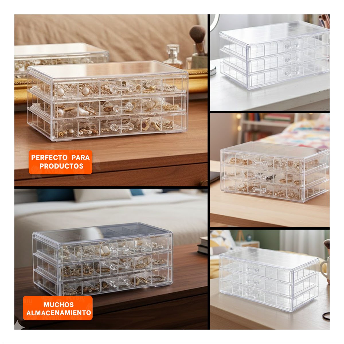 PACK4 CONTENEDOR ORGANIZADOR ACRILICO 3 NIVELES 72 DIVISIONES TRANSPARENTE Y+REGALO STICKER - 2