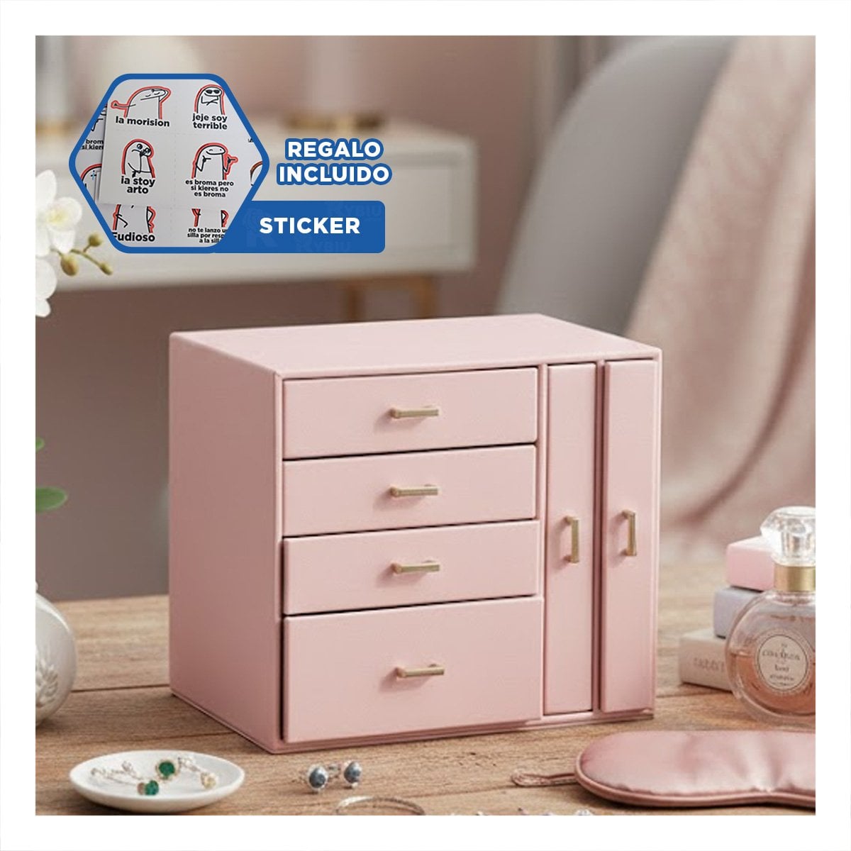 JOYERO ESPACIOSO 4 NIVELES HORIZ Y 2 VERT ROSADO PARA GUARDAR JOYAS Y+REGALO STICKER - 1