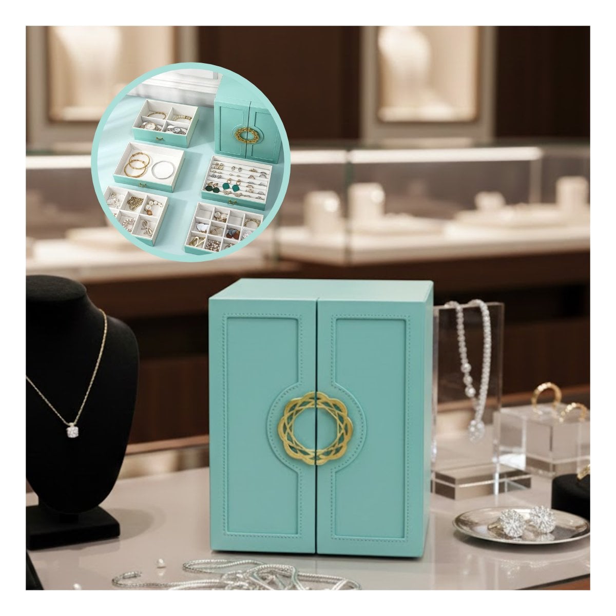 PACK2 ESTUCHE DE JOYAS CELESTE CON CINCO CAJONES HORIZONTALES FUNCIONALES - 5