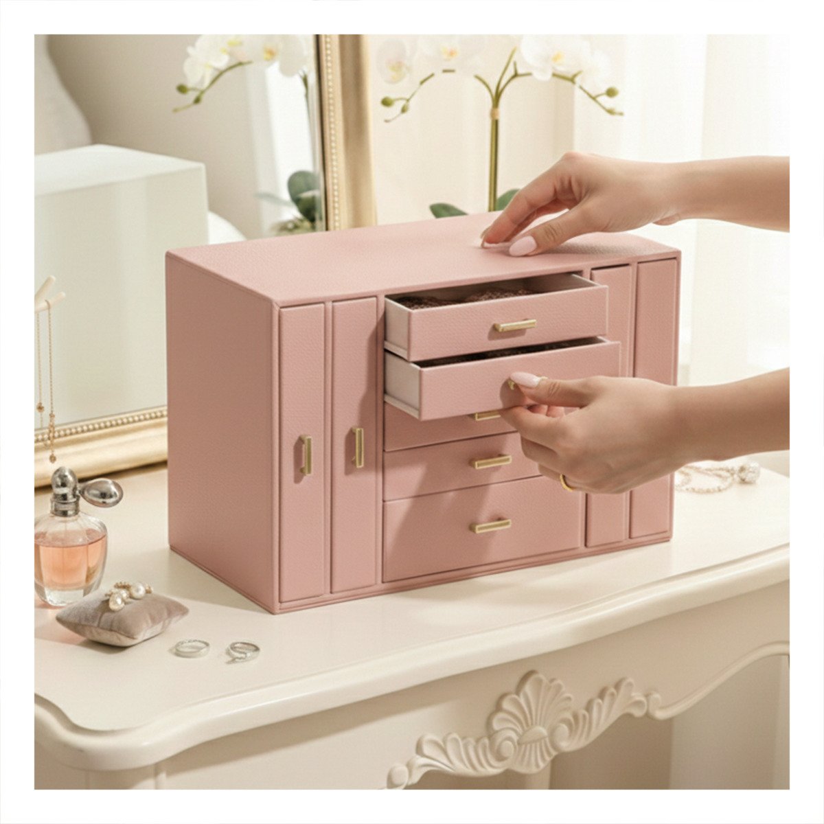 PACK2 CAJA DE ALMACENAMIENTO ROSADA PARA JOYAS CON PUERTAS LATERALES - 1