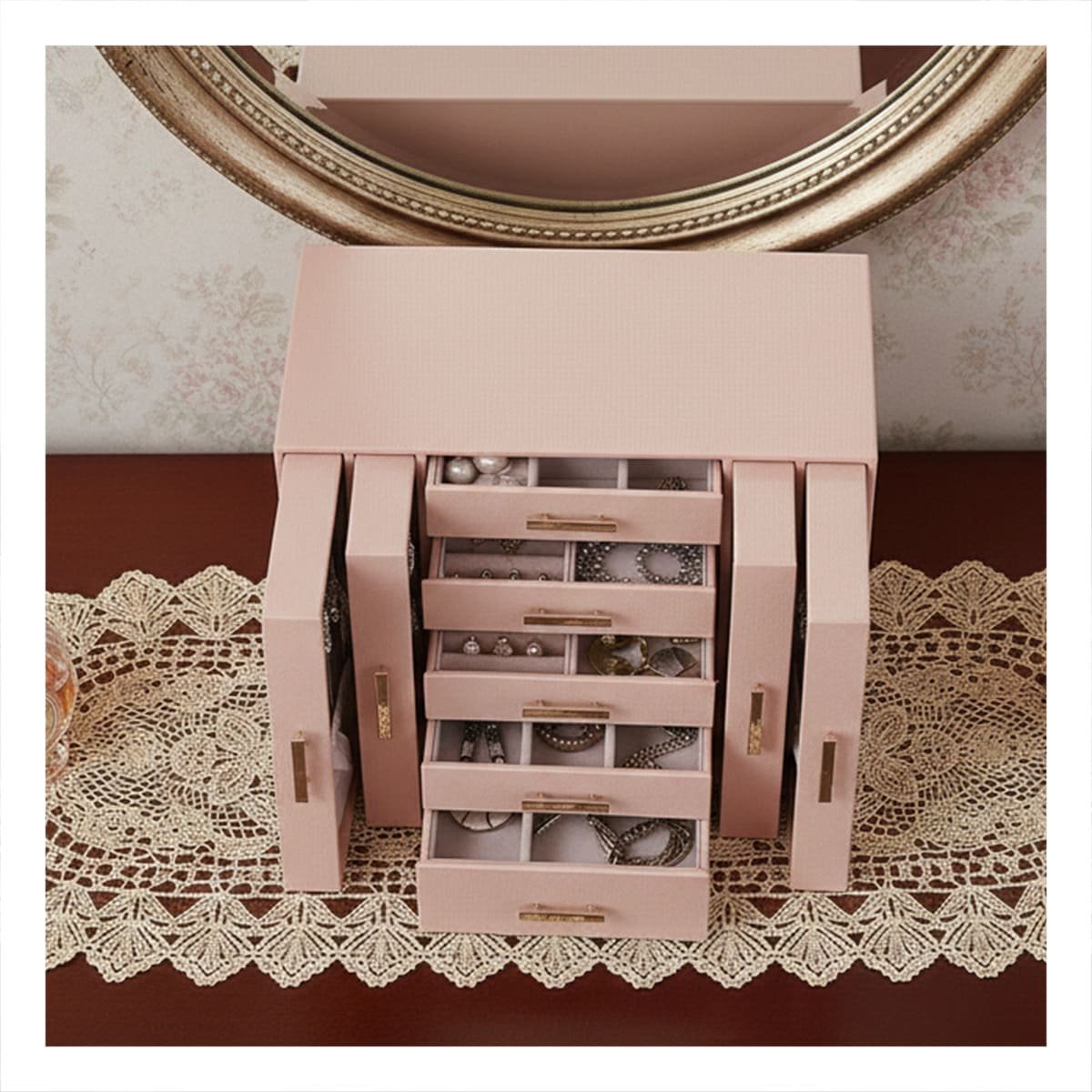 PACK2 CAJA DE ALMACENAMIENTO ROSADA PARA JOYAS CON PUERTAS LATERALES - 3