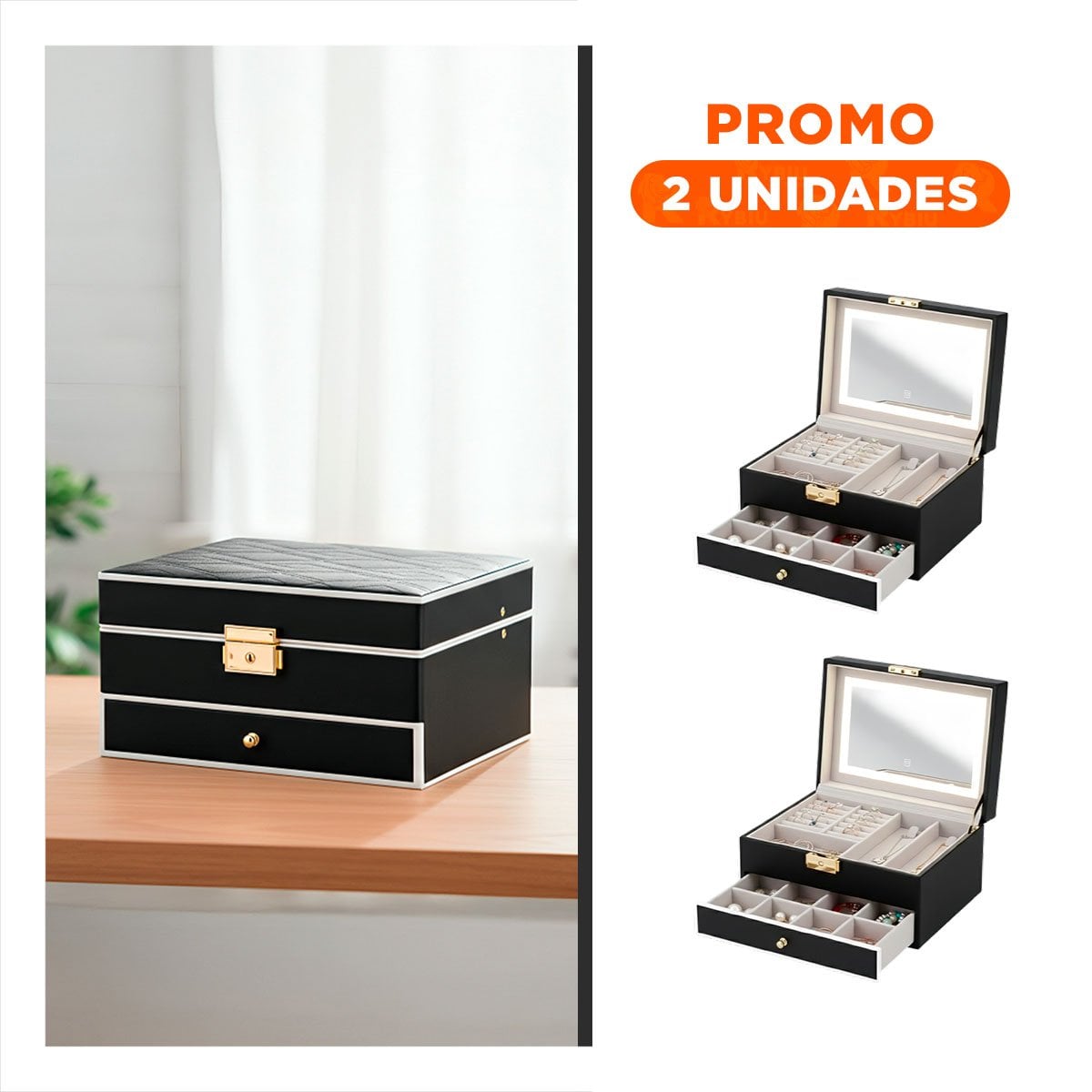 PACK2 ESTUCHE COMPACTO 2 NIVELES CON ESPEJO LED NEGRO PARA TOCADOR Y+REGALO STICKER - 1
