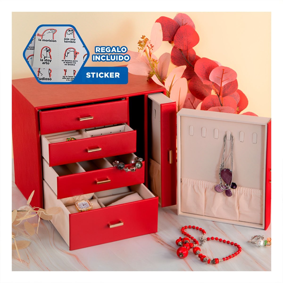 JOYERO ESPACIOSO 4 NIVELES HORIZ Y 2 VERT ROJO PARA GUARDAR JOYAS Y+REGALO STICKER - 1
