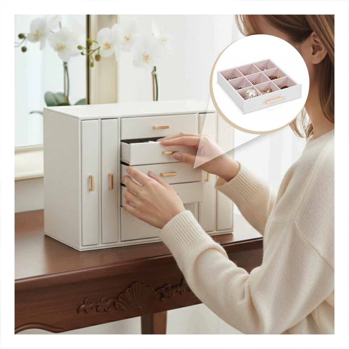 PACK2 JOYERO BLANCO CON CAJONES AMPLIOS PARA GUARDAR ACCESORIOS CON CUIDADO Y+PAPEL REGALO - 1