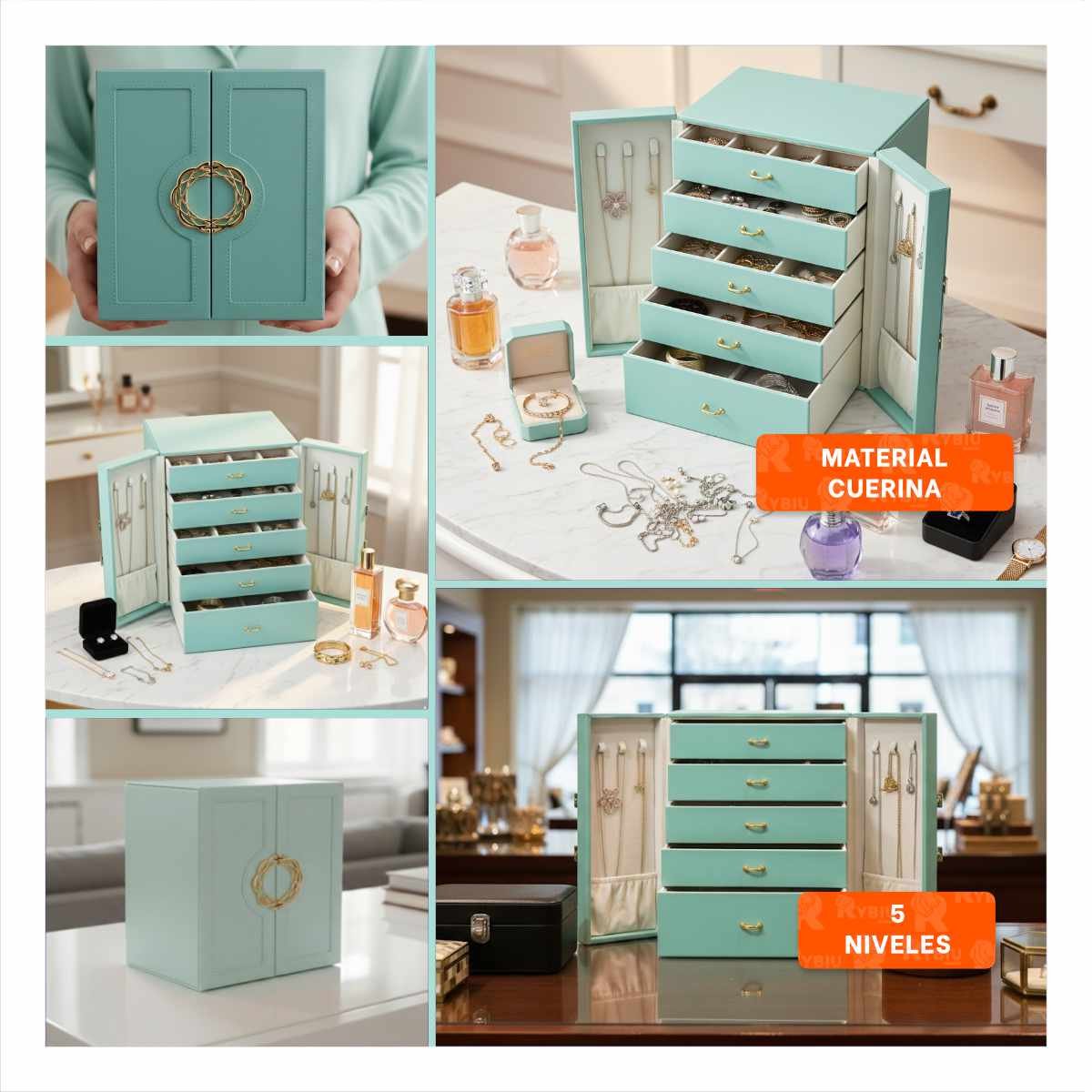 JOYERO ORGANIZADOR CELESTE DE 5 NIVELES HORIZONTALES CON PUERTAS LATERALES - 5