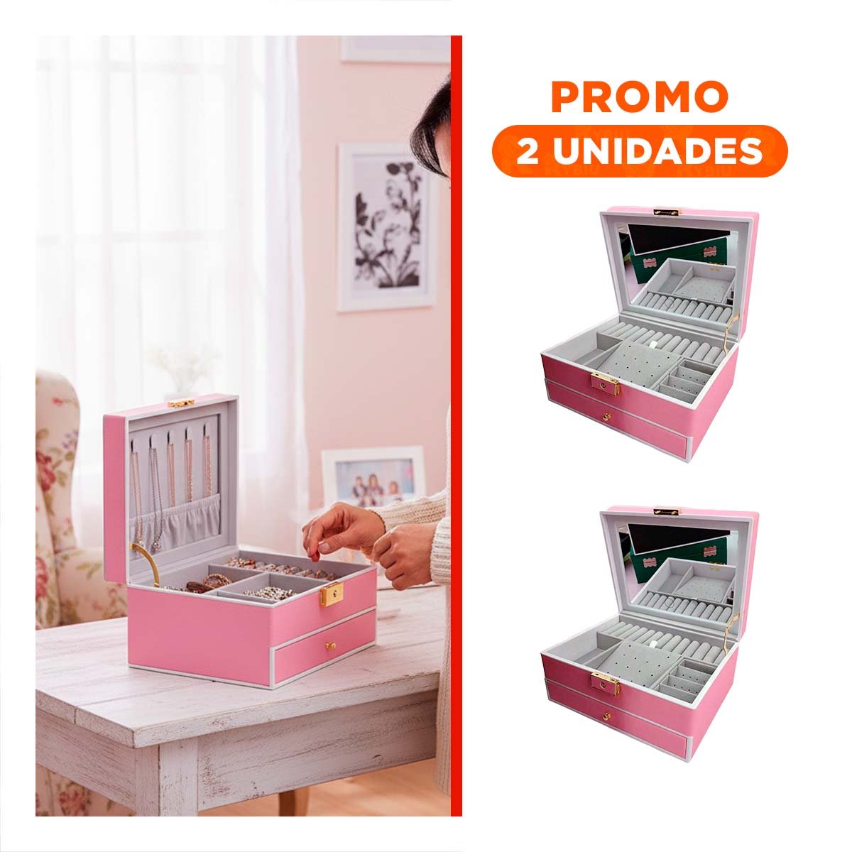 PACK2 COFRE DE JOYAS 2 NIVELES CON ESPEJO LED ROSADO PARA DORMITORIO FEMENINO - 1