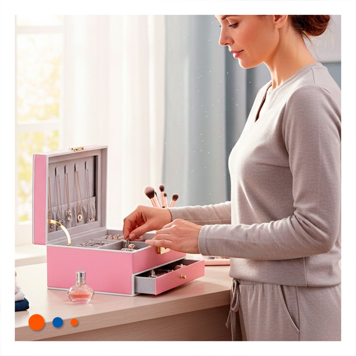 PACK2 COFRE DE JOYAS 2 NIVELES CON ESPEJO LED ROSADO PARA DORMITORIO FEMENINO - 3