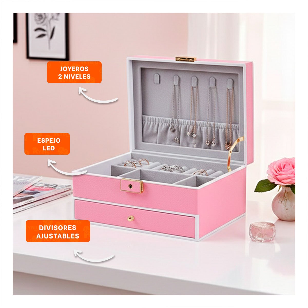 PACK2 COFRE DE JOYAS 2 NIVELES CON ESPEJO LED ROSADO PARA DORMITORIO FEMENINO - 5