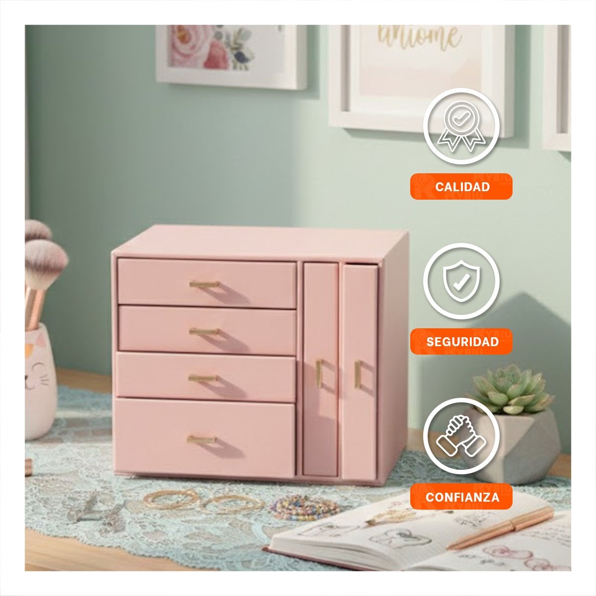 COFRE ORGANIZADOR GRANDE 4 NIVELES HORIZ Y 2 VERT ROSADO PARA MAQUILLAJE Y+PAPEL REGALO - 3