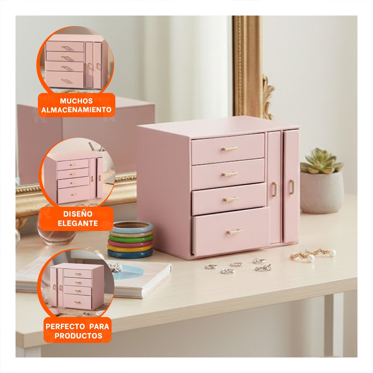 COFRE ORGANIZADOR GRANDE 4 NIVELES HORIZ Y 2 VERT ROSADO PARA MAQUILLAJE Y+PAPEL REGALO - 5