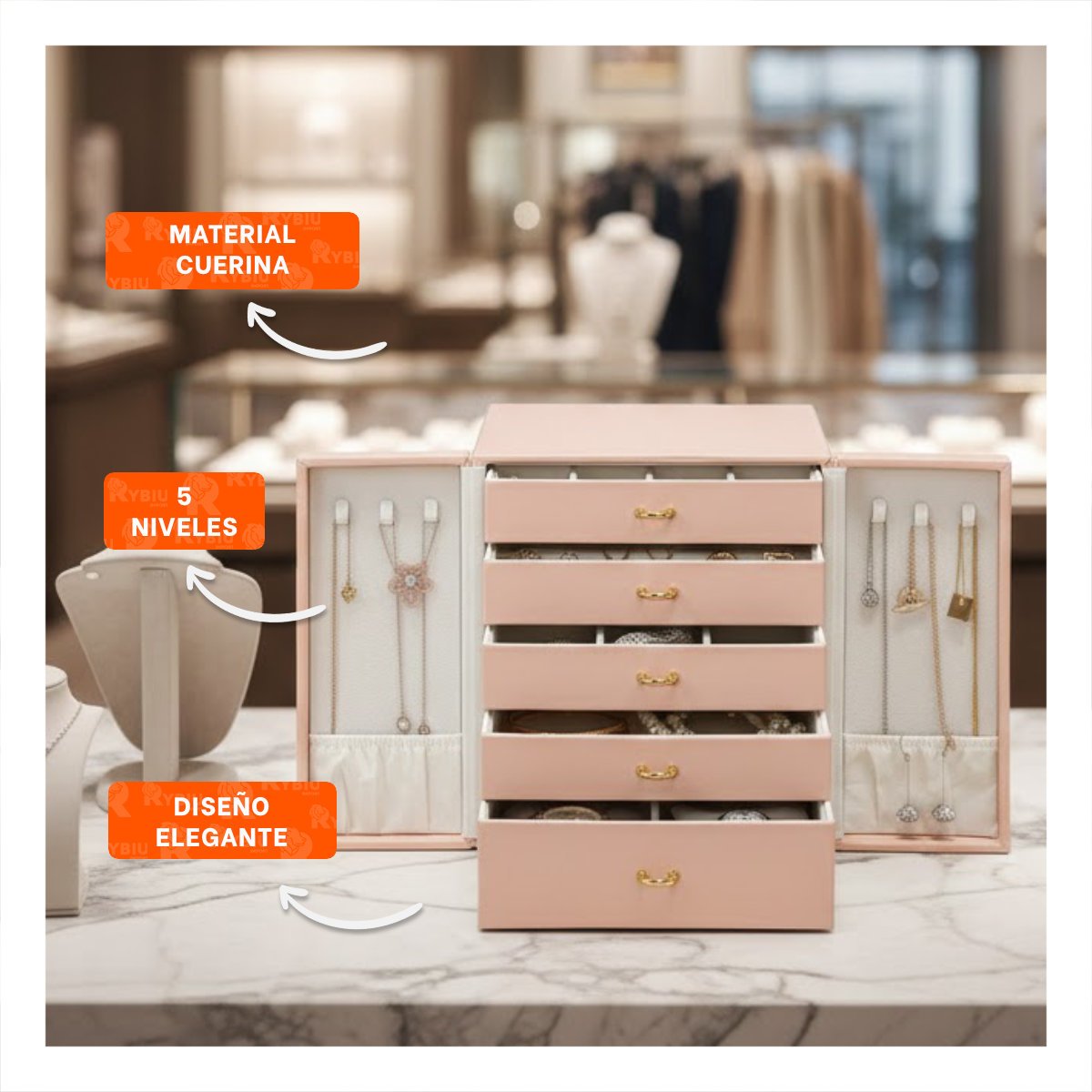 JOYERO ROSADO CON PUERTAS LATERALES Y ESPACIOS SEPARADOS PARA ACCESORIOS - 3