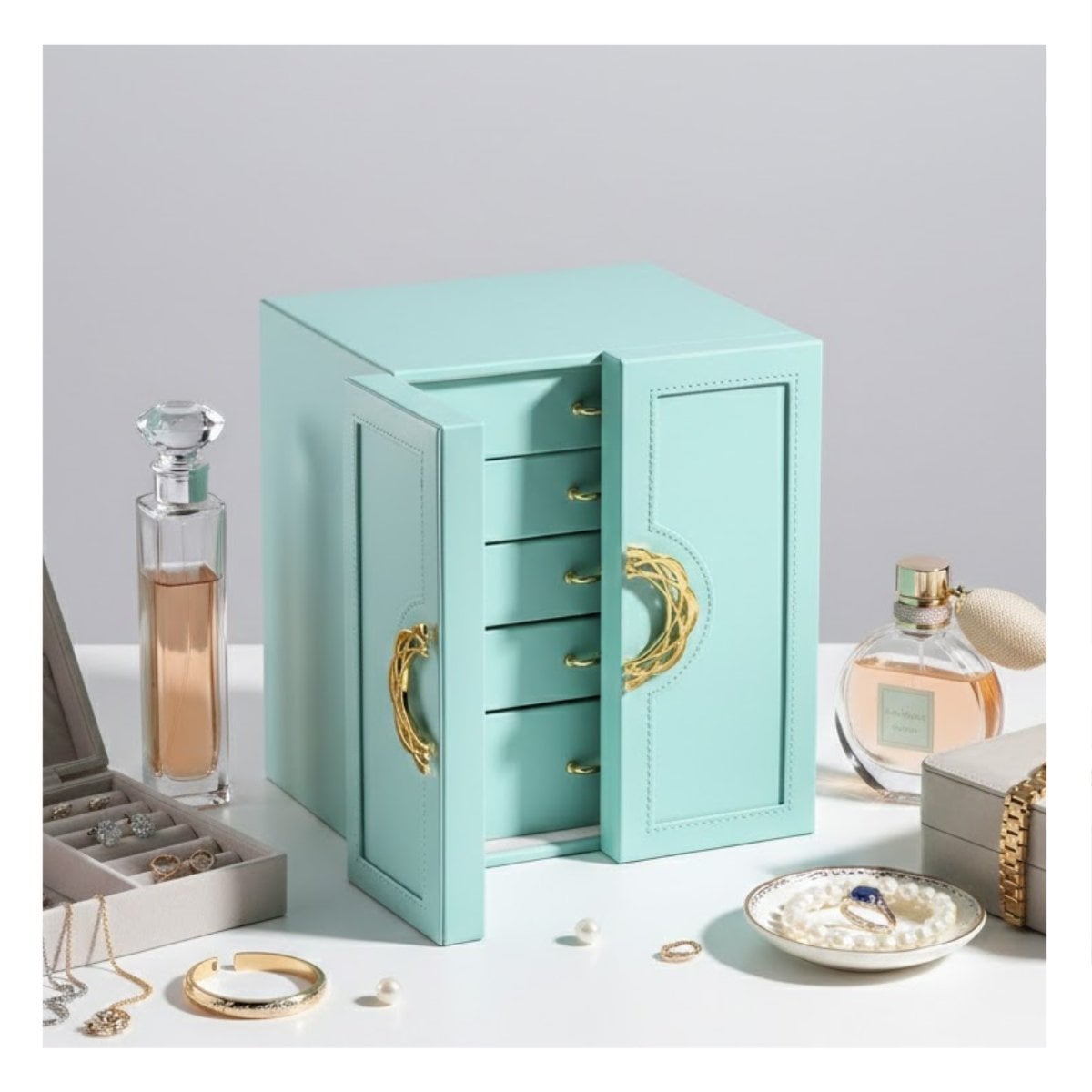 CAJA JOYERO CELESTE CON COMPARTIMENTOS AMPLIOS Y DISEÑO DE CINCO NIVELES Y+PAPEL REGALO - 2