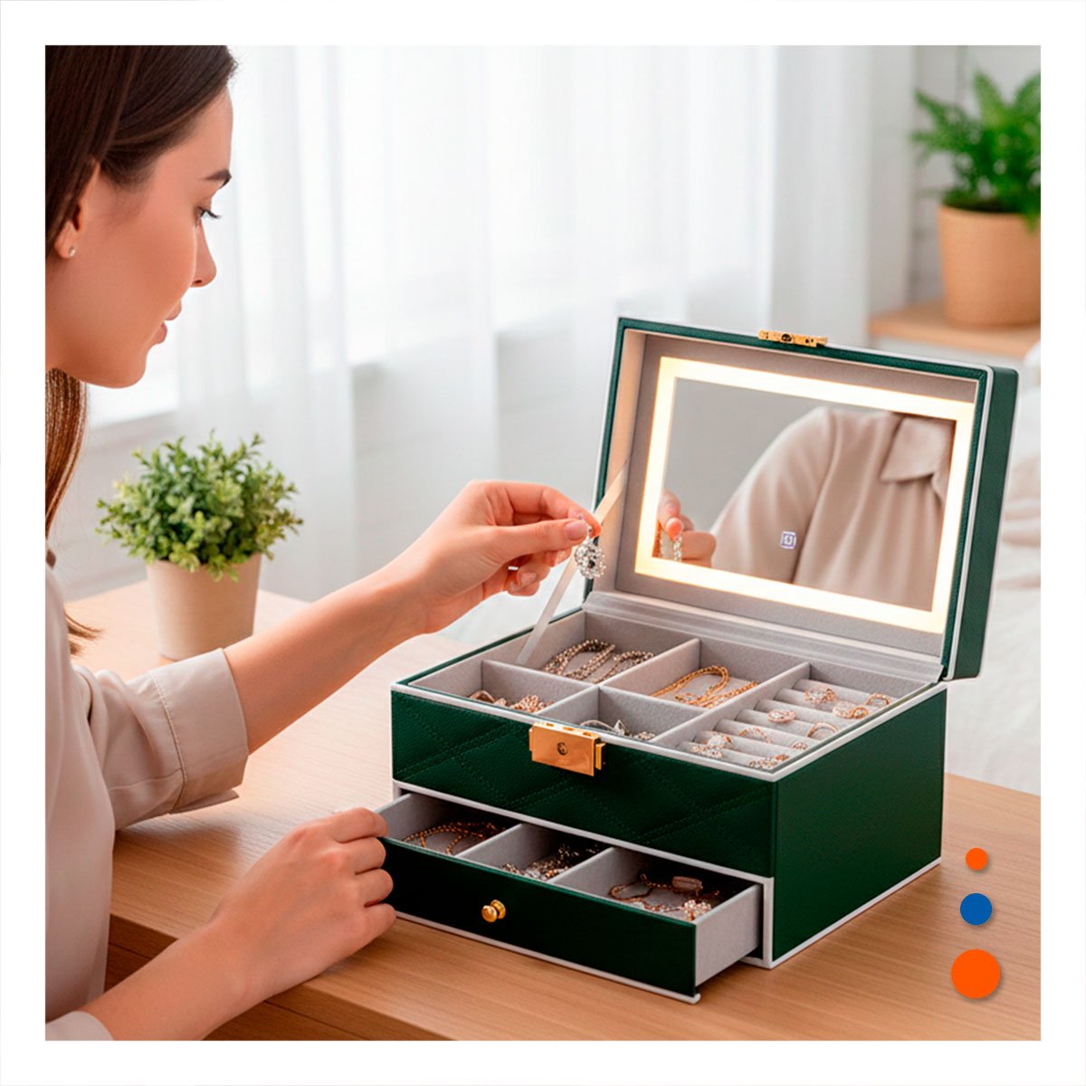 ORGANIZADOR DE ACCESORIOS 2 NIVELES CON ESPEJO LED VERDE PARA TOCADOR Y+PAPEL REGALO - 2