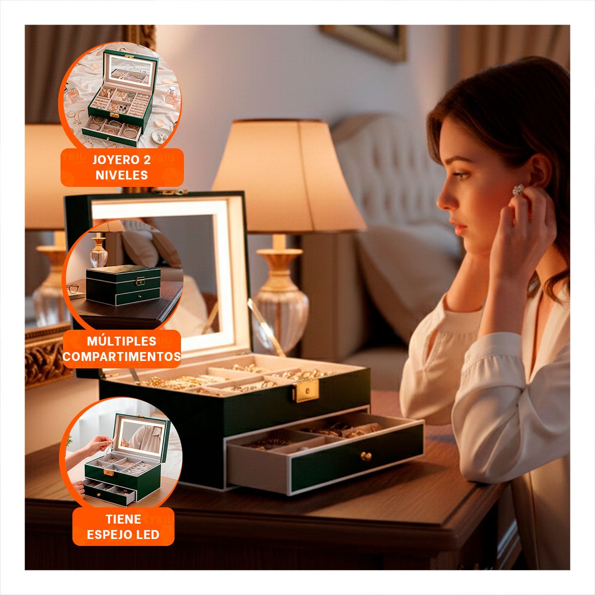 ORGANIZADOR DE ACCESORIOS 2 NIVELES CON ESPEJO LED VERDE PARA TOCADOR Y+PAPEL REGALO - 5