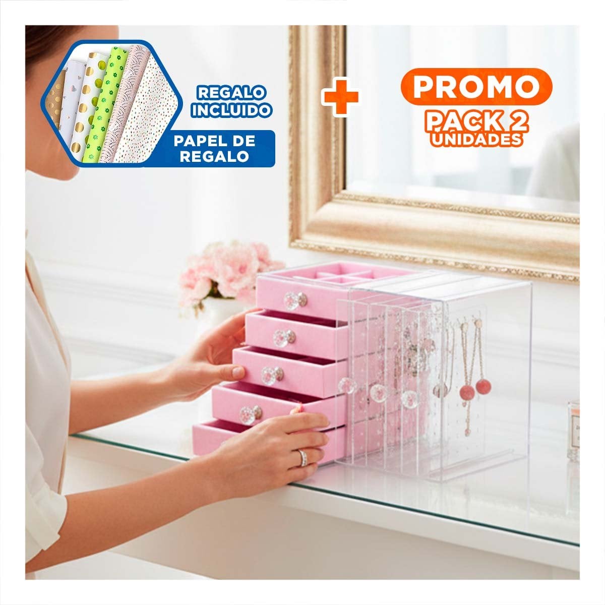 PACK2 JOYERO 5 CAJONES Y 3 PUERTAS EN TERCIOPELO ROSADO PARA HOGAR Y+PAPEL REGALO - 1