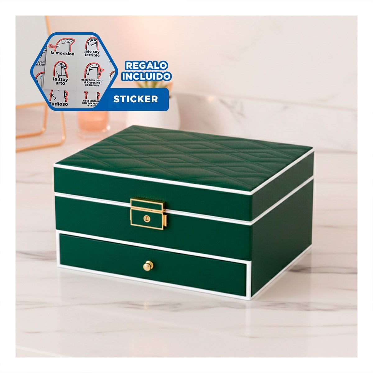 CAJA DE ACCESORIOS 2 NIVELES CON ESPEJO LED VERDE PARA DORMITORIO Y+REGALO STICKER - 1