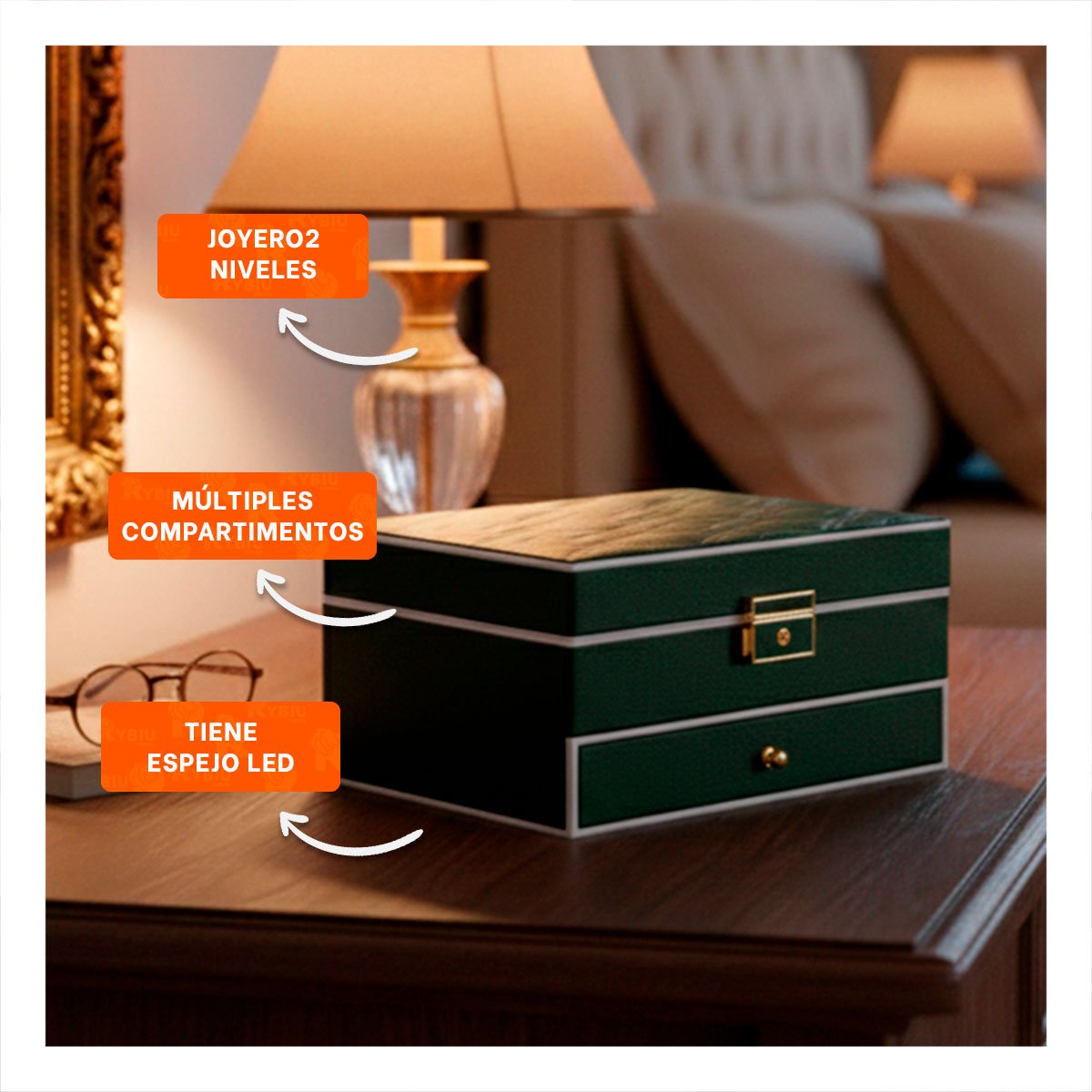 CAJA DE ACCESORIOS 2 NIVELES CON ESPEJO LED VERDE PARA DORMITORIO Y+REGALO STICKER - 5