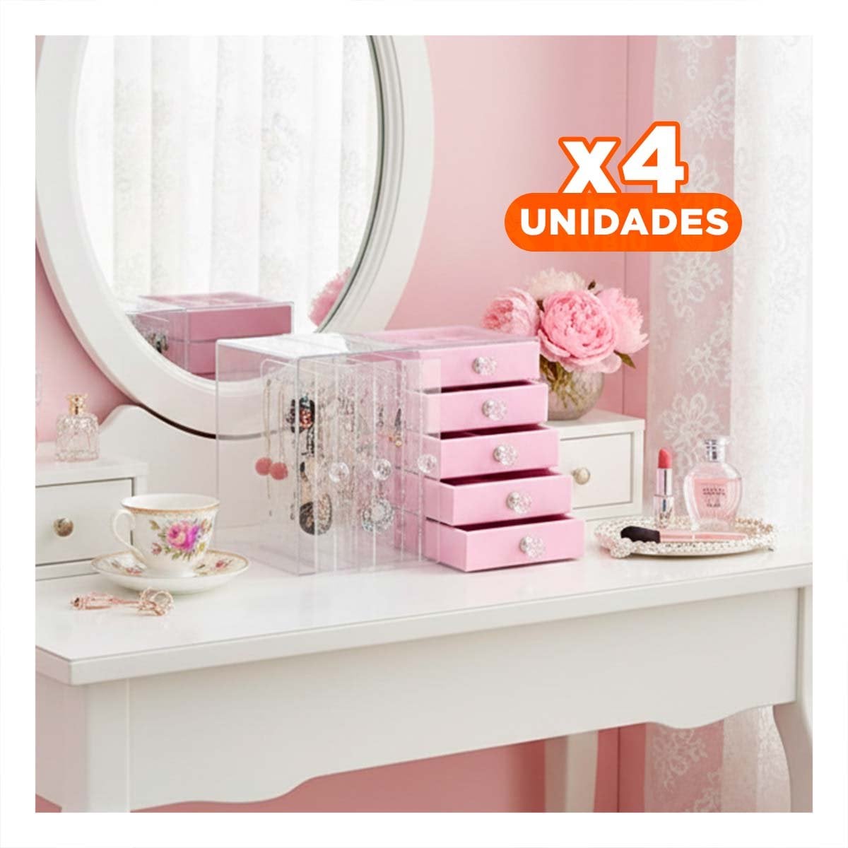 PACK4 COFRE 5 CAJONES Y 3 PUERTAS EN TERCIOPELO ROSADO DISENO ELEGANTE - 1
