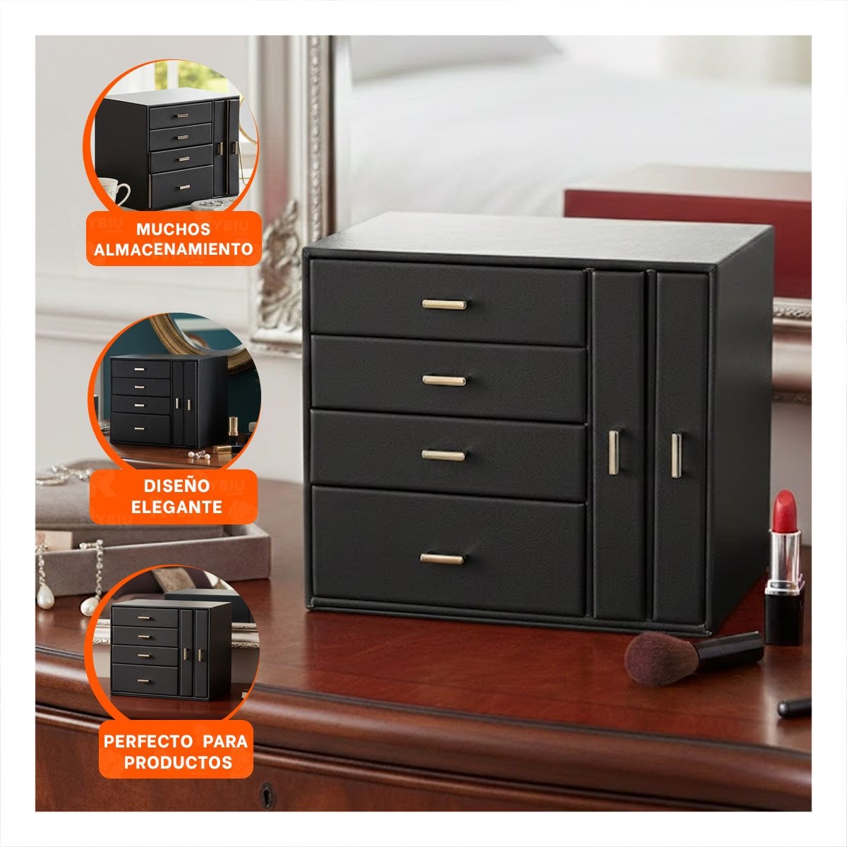 COFRE ORGANIZADOR GRANDE 4 NIVELES HORIZ Y 2 VERT NEGRO PARA MAQUILLAJE Y+PAPEL REGALO - 5