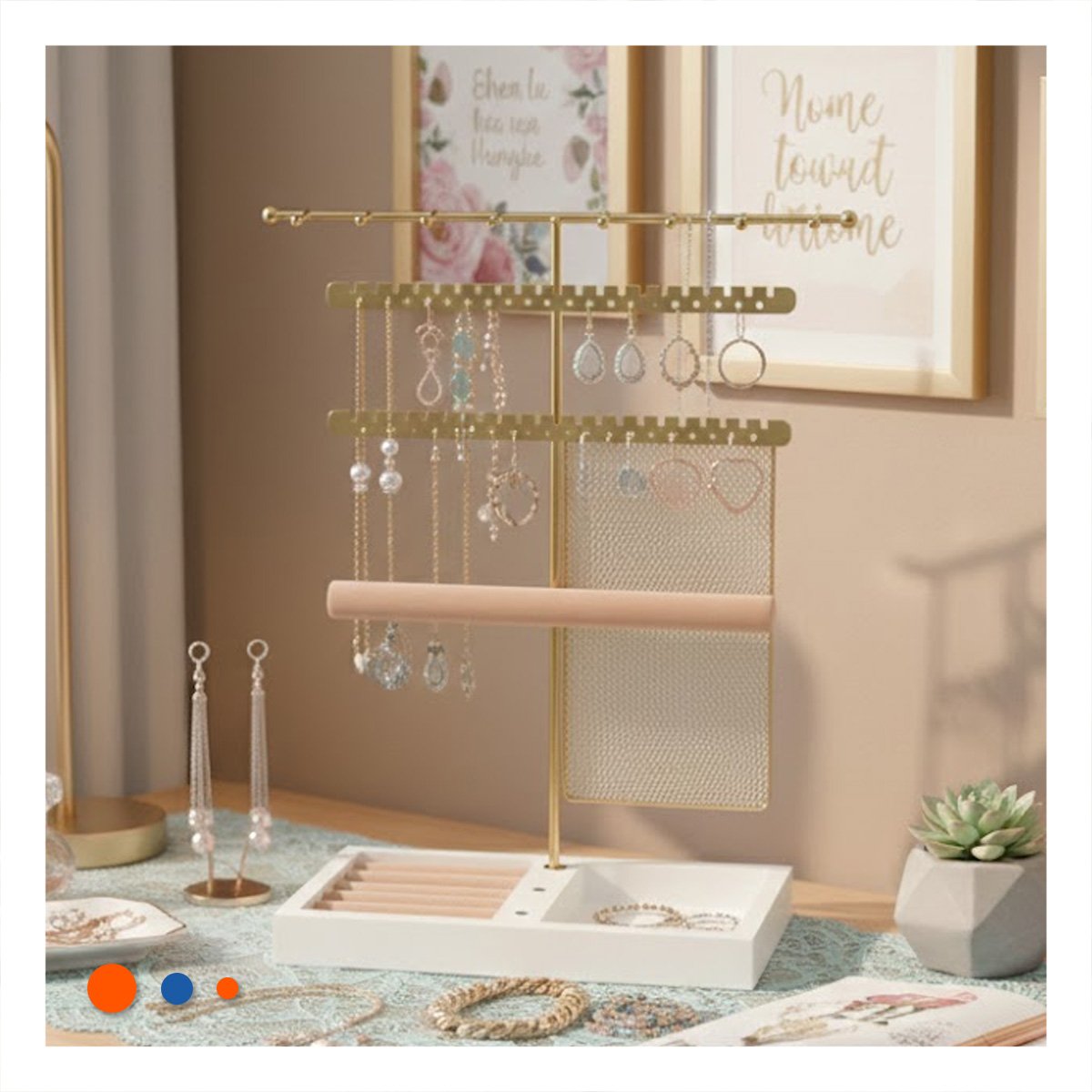 MOSTRADOR DECORATIVO DE JOYAS 24,5X32X12CM DORADO PARA TOCADOR Y+REGALO STICKER - 2