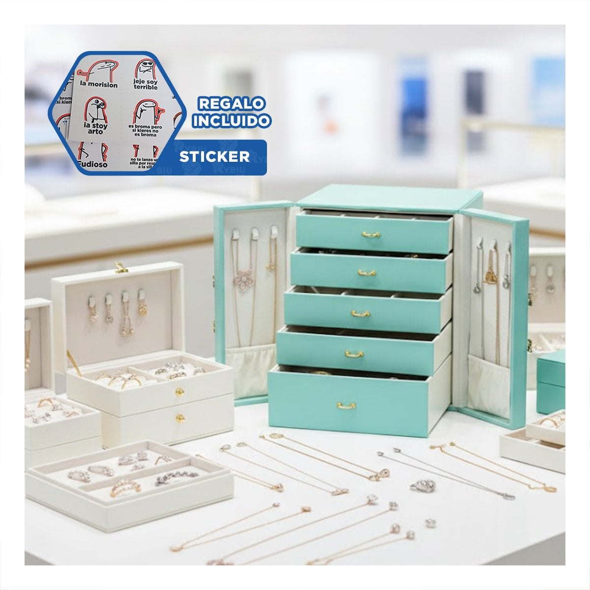 ORGANIZADOR DE JOYAS CELESTE CON CAJONES DESLIZABLES Y PUERTAS FUNCIONALES Y+REGALO STICKER - 1
