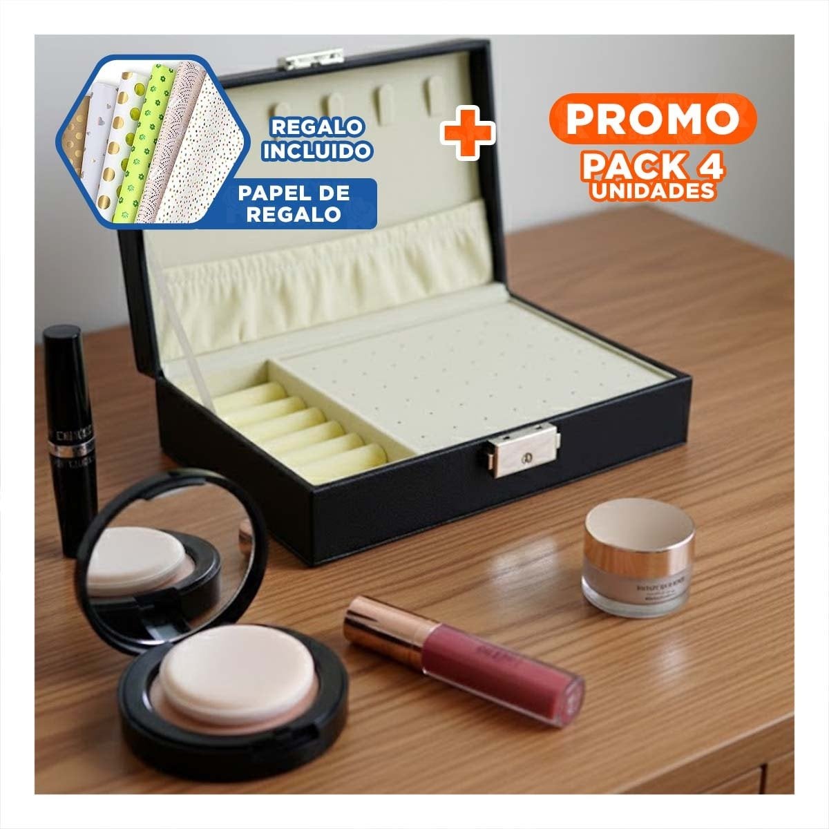 PACK4 ORGANIZADOR DE COLLARES RECTANGULAR NEGRO 20,5X12,5X5,5CM Y+PAPEL REGALO - 1