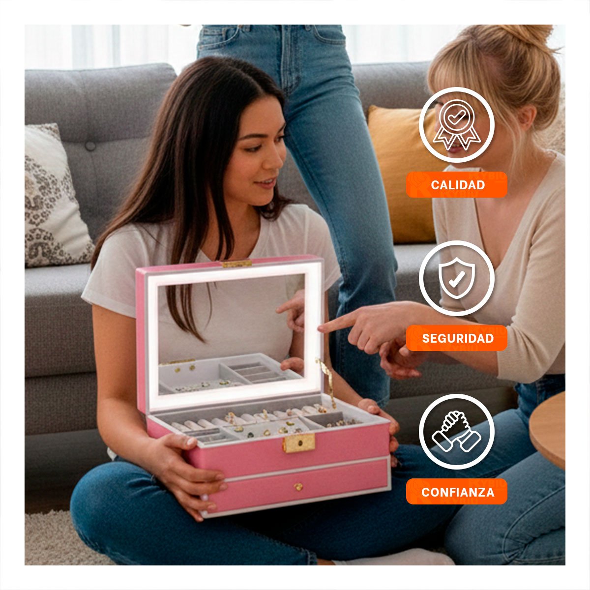 CAJA DE JOYAS 2 NIVELES CON ESPEJO LED ROSADO PARA TOCADOR FEMENINO Y+LIGAS REGALO - 2