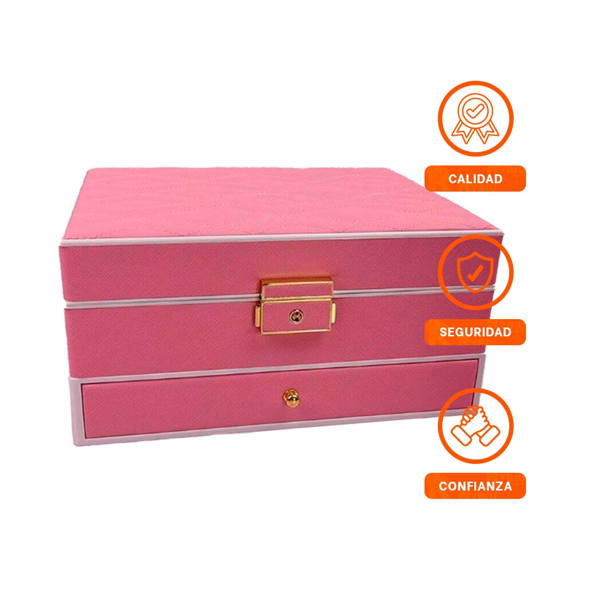 CAJA DE JOYAS 2 NIVELES CON ESPEJO LED ROSADO PARA TOCADOR FEMENINO Y+LIGAS REGALO - 3