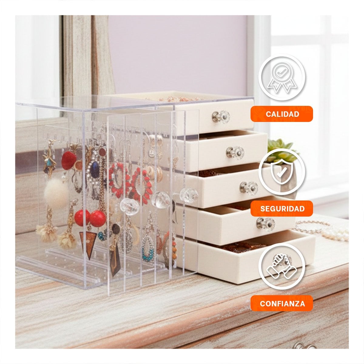 MUEBLE 5 CAJONES Y 3 PUERTAS EN TERCIOPELO BEIGE ORGANIZADOR MODERNO Y+LIGAS REGALO - 2