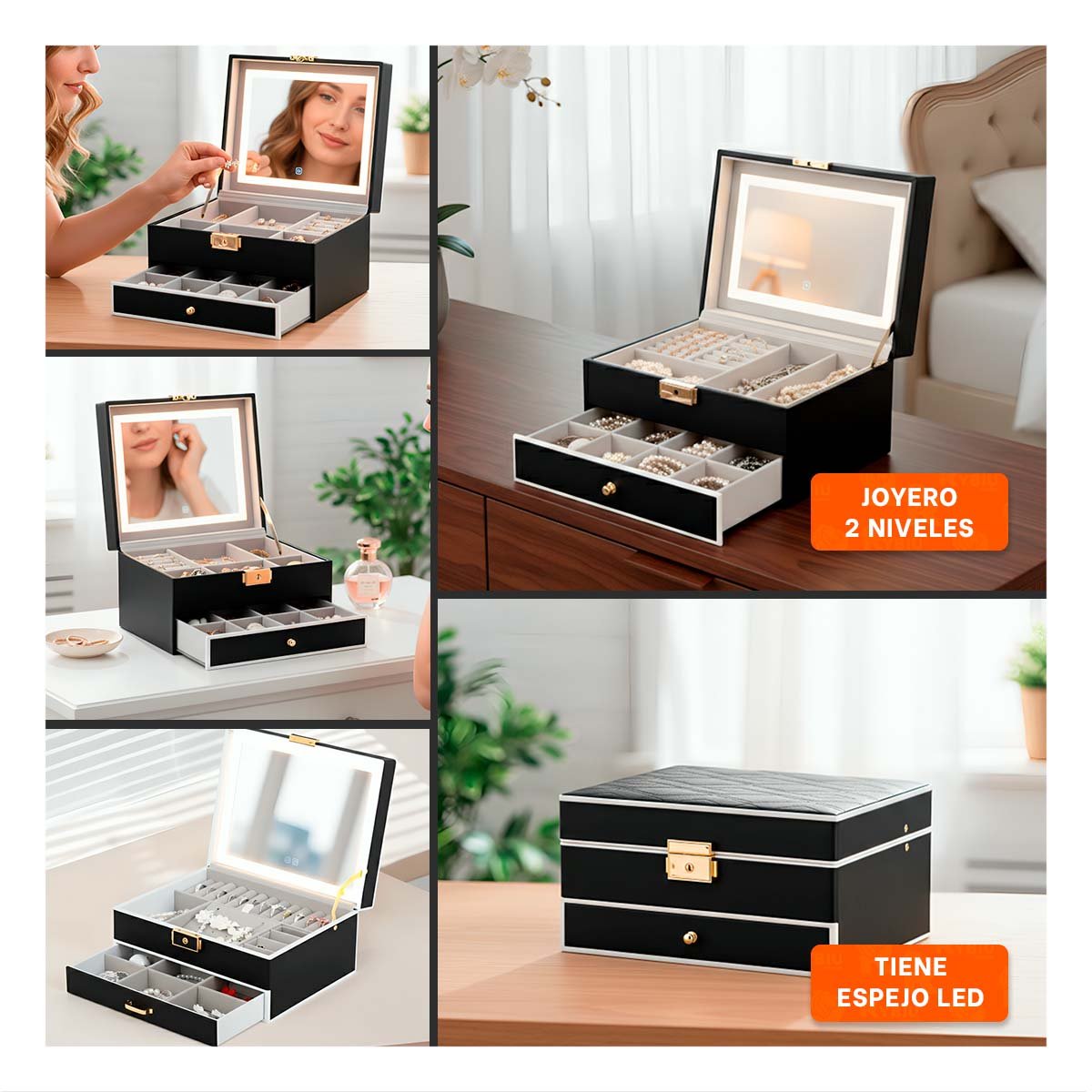 COFRE DE ACCESORIOS 2 NIVELES CON ESPEJO LED NEGRO PARA TOCADOR Y+POST IT - 1