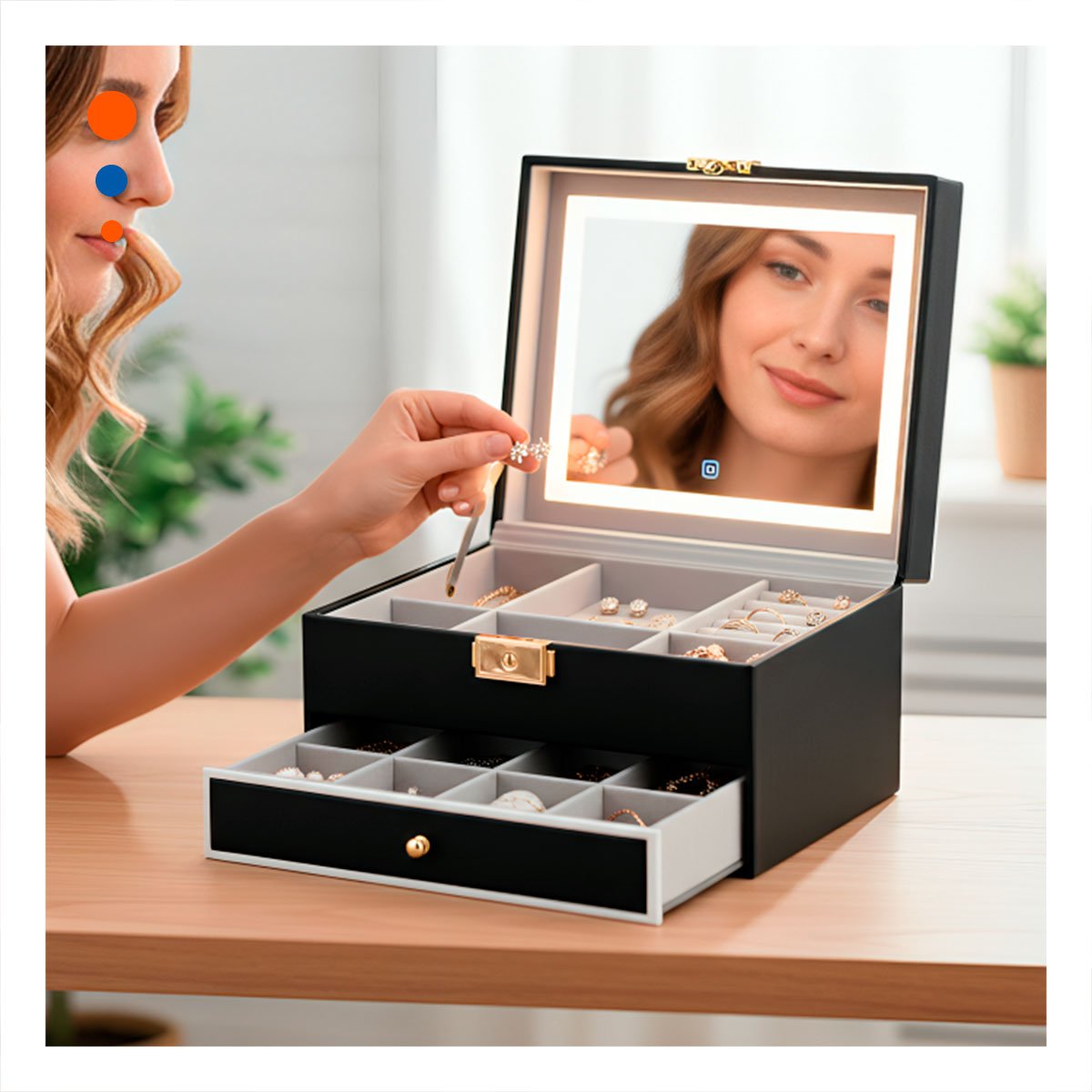 COFRE DE ACCESORIOS 2 NIVELES CON ESPEJO LED NEGRO PARA TOCADOR Y+POST IT - 3