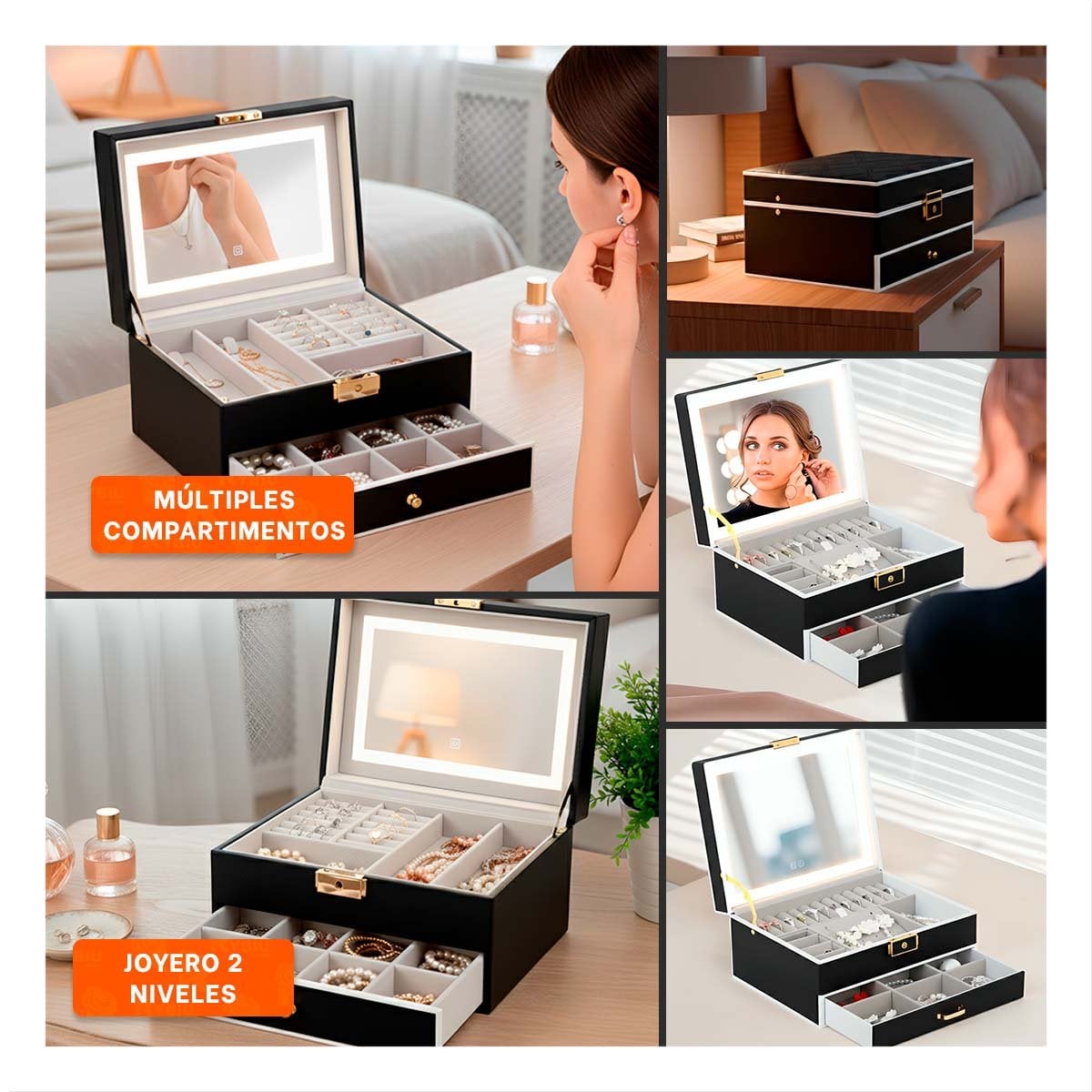 COFRE DE ACCESORIOS 2 NIVELES CON ESPEJO LED NEGRO PARA TOCADOR Y+POST IT - 5