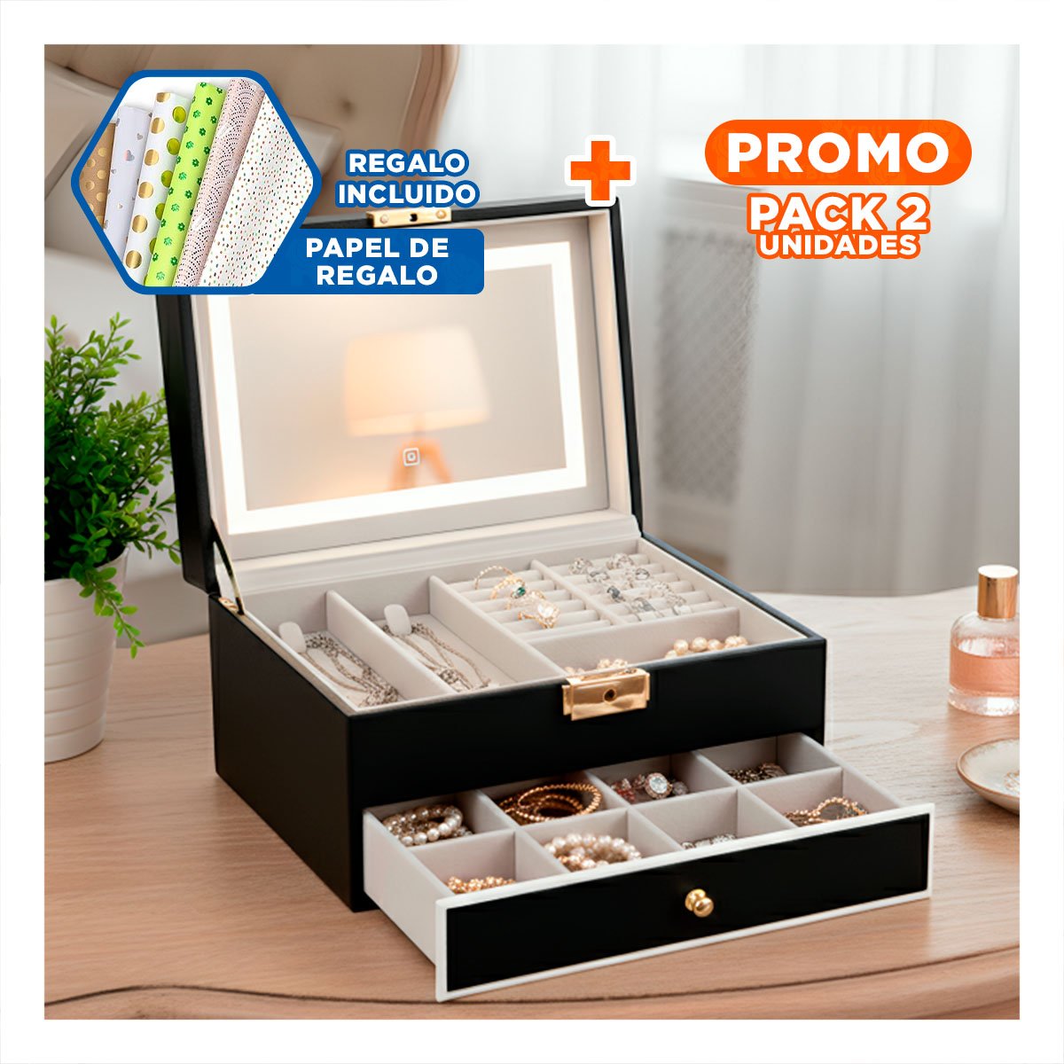 PACK2 CAJA COMPACTA 2 NIVELES CON ESPEJO LED NEGRO PARA ACCESORIOS Y+PAPEL REGALO - 1