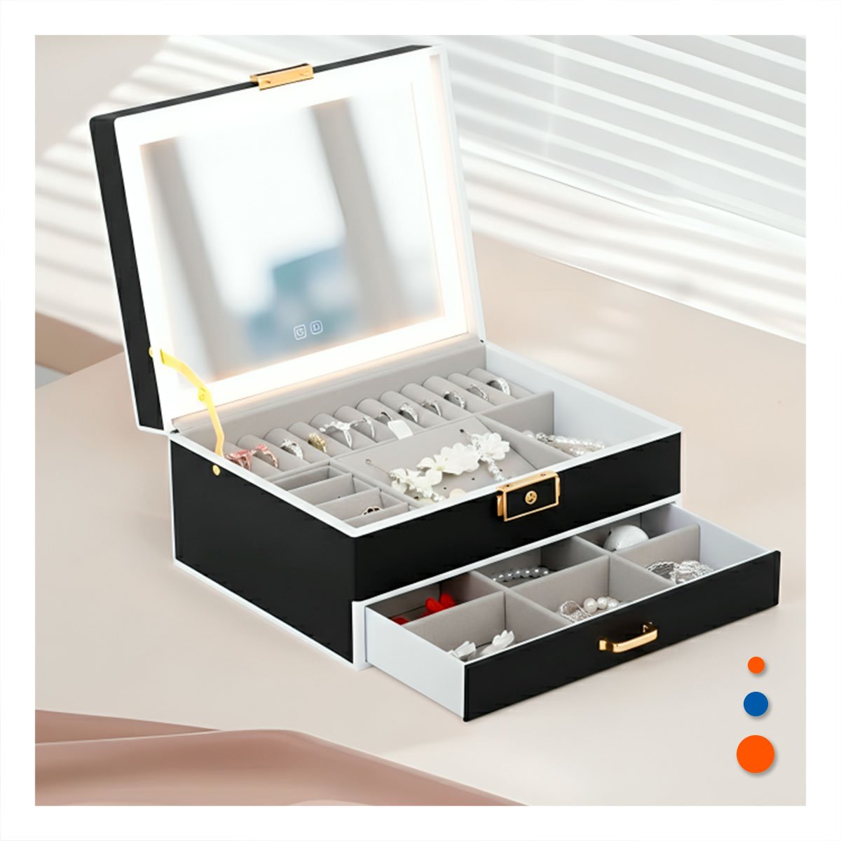 PACK2 CAJA COMPACTA 2 NIVELES CON ESPEJO LED NEGRO PARA ACCESORIOS Y+PAPEL REGALO - 2