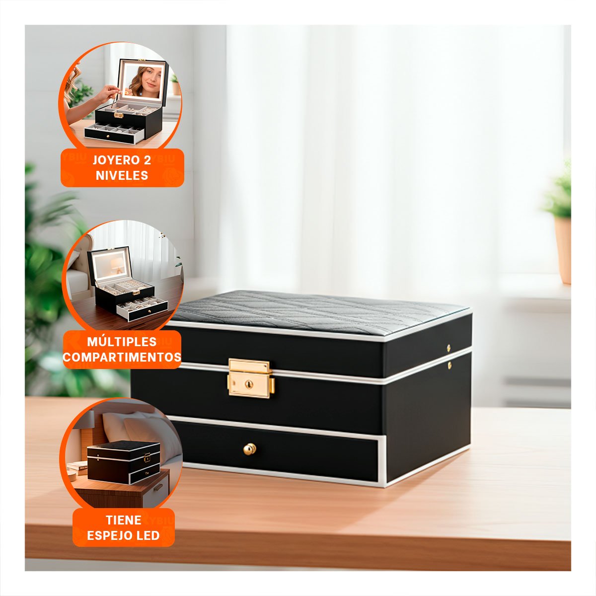 PACK2 CAJA COMPACTA 2 NIVELES CON ESPEJO LED NEGRO PARA ACCESORIOS Y+PAPEL REGALO - 5