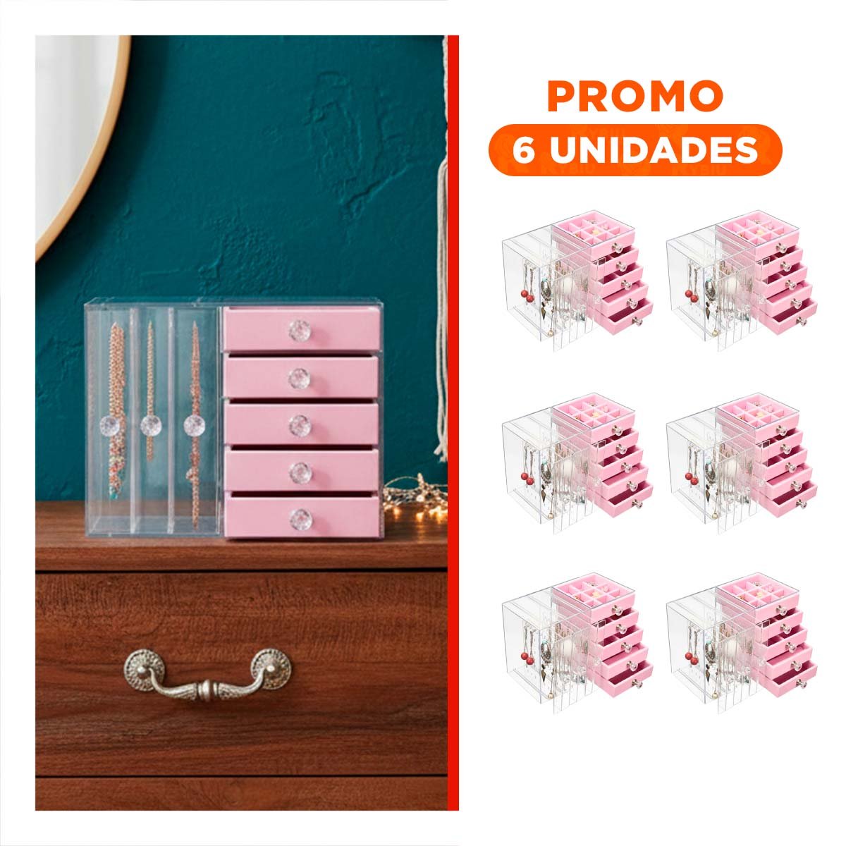 PACK6 JOYERO 5 CAJONES Y 3 PUERTAS EN TERCIOPELO ROSADO ORGANIZADOR - 1